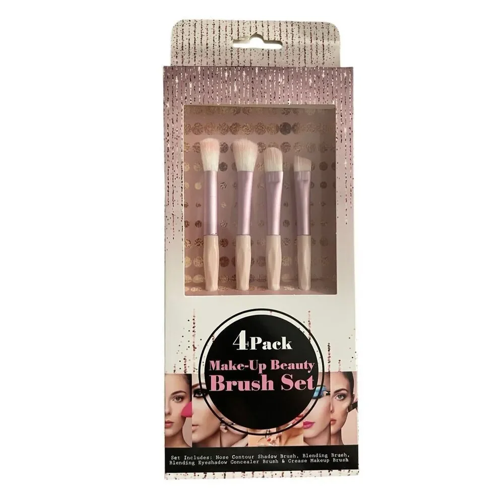 4Pc Makeup Brush Set Contour Blending Eyeshadow Crease Pink Blue Black